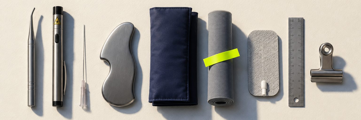Nove instrumentos clínicos e de fisioterapia enfileirados sobre papel creme, um deles marcado por uma fita fluorescente